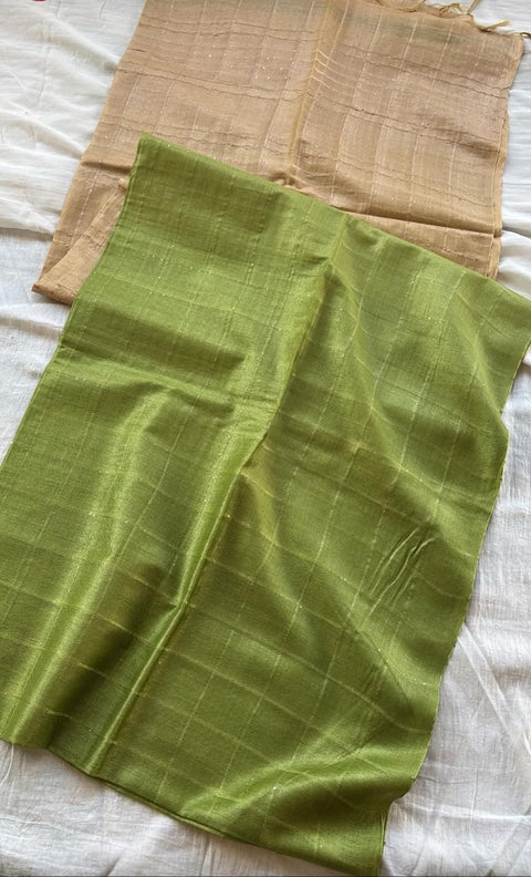Katan Staple Semi Tussar Silk Saree - Beige & Green Combination