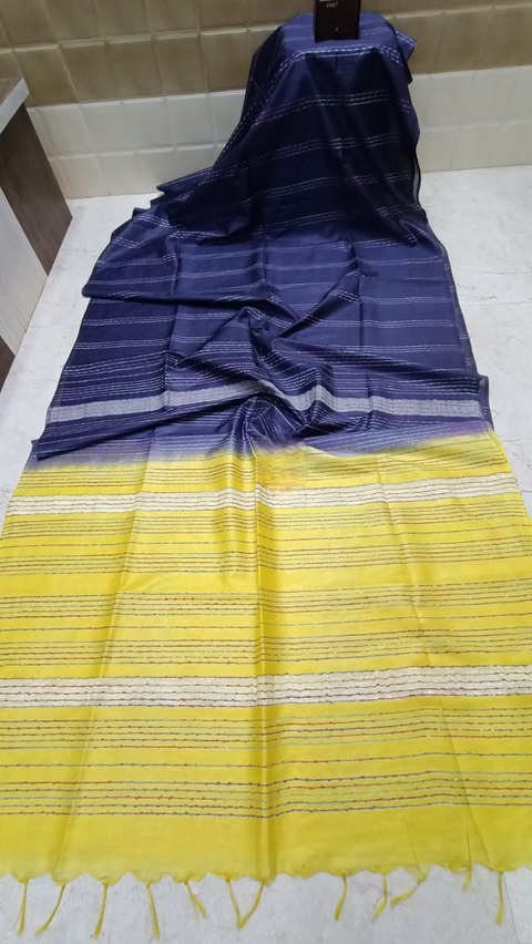 Semi Tussar Silk Saree with Fancy Thread Weaving & Sequin Stripes  - Blue & Yellow Combination