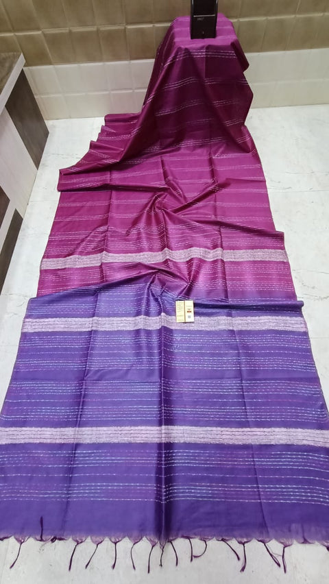 Semi Tussar Silk Saree with Fancy Thread Weaving & Sequin Stripes  - Wine & Purple Combination