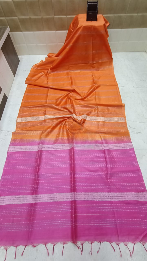 Semi Tussar Silk Saree with Fancy Thread Weaving & Sequin Stripes  - Orange & Pink Combination