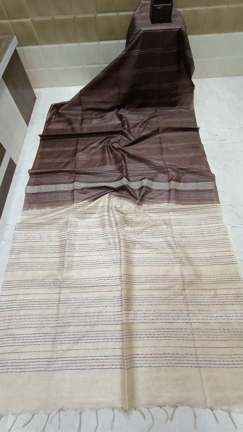 Semi Tussar Silk Saree with Fancy Thread Weaving & Sequin Stripes  - Brown & Cream Combination