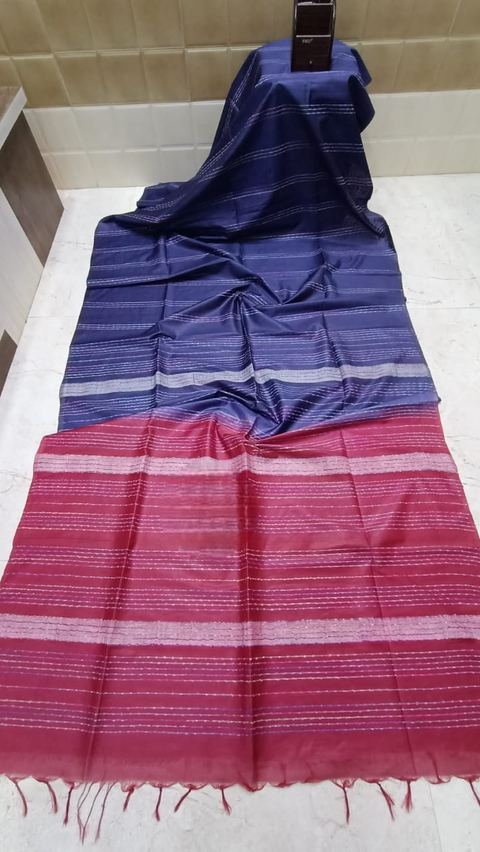 Semi Tussar Silk Saree with Fancy Thread Weaving & Sequin Stripes  - Blue & Wine Combination