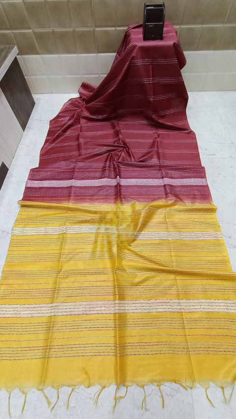 Semi Tussar Silk Saree with Fancy Thread Weaving & Sequin Stripes  - Maroon & Yellow Combination