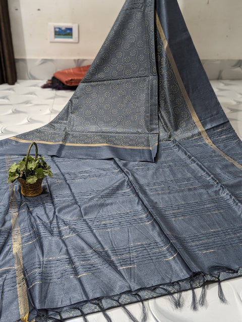 Kantha Woven Semi Tussar Silk Saree - Grey Color