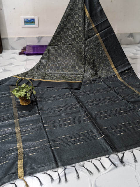 Kantha Woven Semi Tussar Silk Saree - Black Color