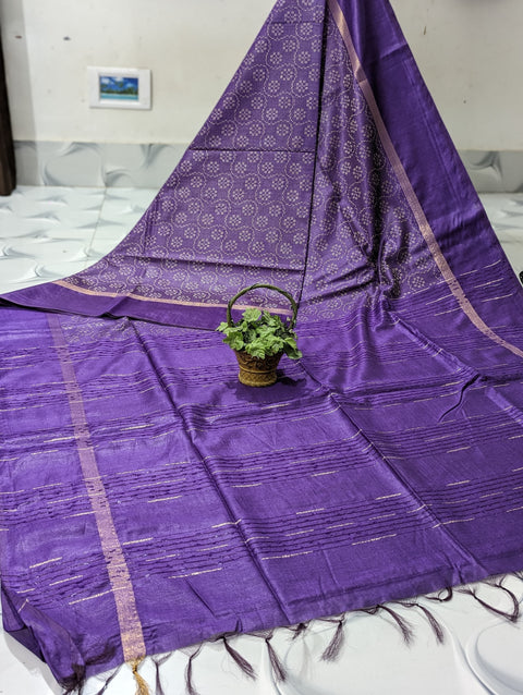 Kantha Woven Semi Tussar Silk Saree - Purple Color