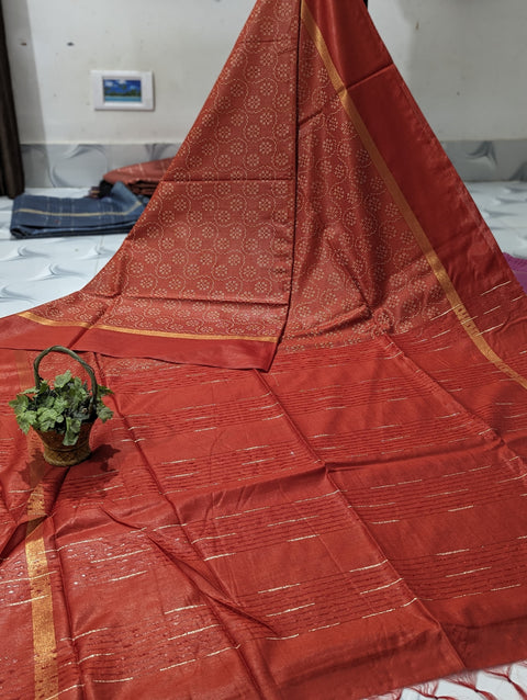 Kantha Woven Semi Tussar Silk Saree - Red Color