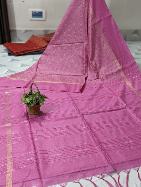 Kantha Woven Semi Tussar Silk Saree - Pink Color