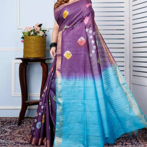 Bandhani Printed Semi Silk Saree  - Purple & Blue Color