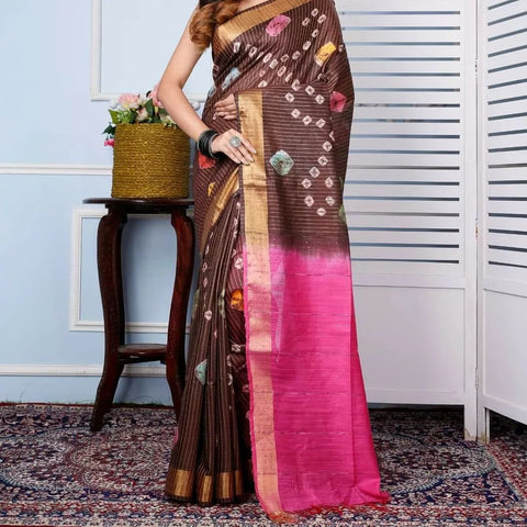 Bandhani Printed Semi Tussar Silk Saree  - Brown & Pink Color