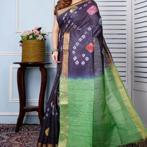 Bandhani Printed Semi Tussar Silk Saree - Violet & Green Color