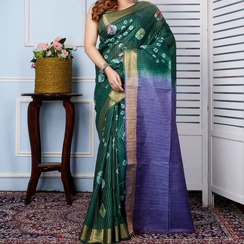 Bandhani Printed Semi Tussar Silk Saree - Green & Blue Color