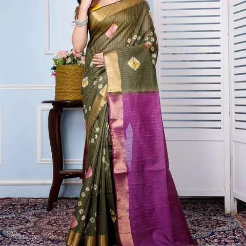 Bandhani Printed Semi Silk Saree  - Olive & Purple Color