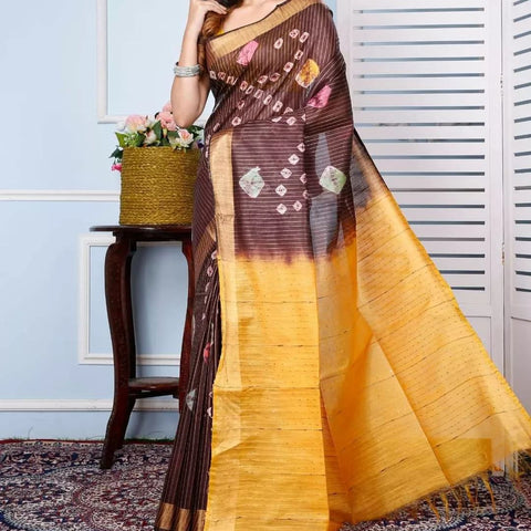 Bandhani Printed Semi Tussar Silk Saree  - Brown & Yellow Color