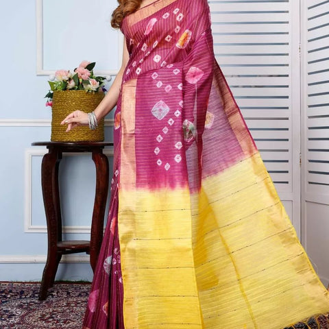 Bandhani Printed Semi Tussar Silk Saree - Pink & Yellow Color