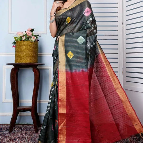 Bandhani Printed Semi Tussar Silk Saree - Black & Red Color