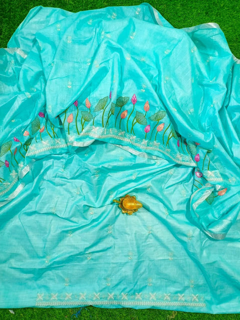 Embroidered Cotton Linen Dress Material - Sea Blue Color