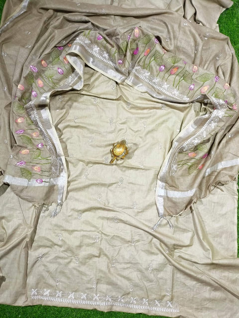Embroidered Cotton Linen Dress Material - Beige Color