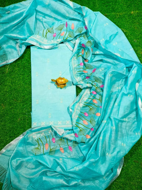 Embroidered Cotton Linen Dress Material - Sea Blue Color