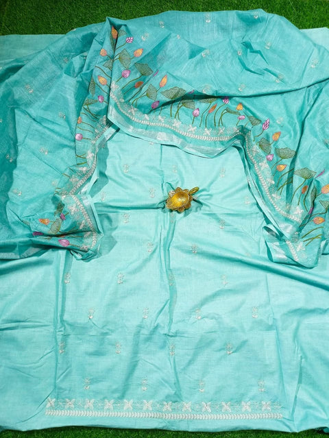 Embroidered Cotton Linen Dress Material - Blue Color