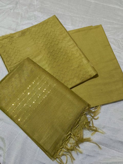 Katan Staple Woven Dress Material - Olive Color