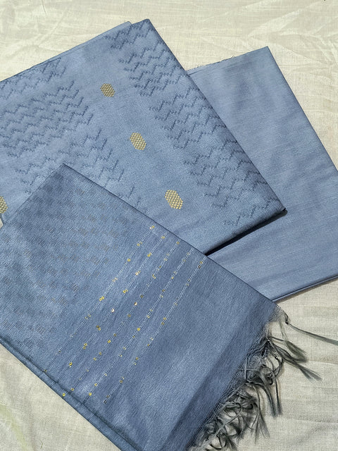 Katan Staple Woven Dress Material - Bluish Grey Color