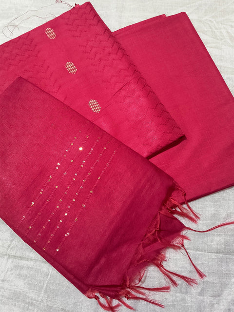 Katan Staple Woven Dress Material - Rani Pink Color