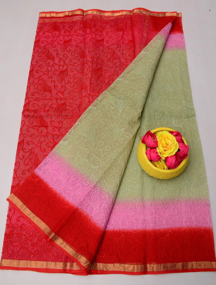 All Over Embroidery Kota Doria Pure Cotton Saree - Red & Green Color