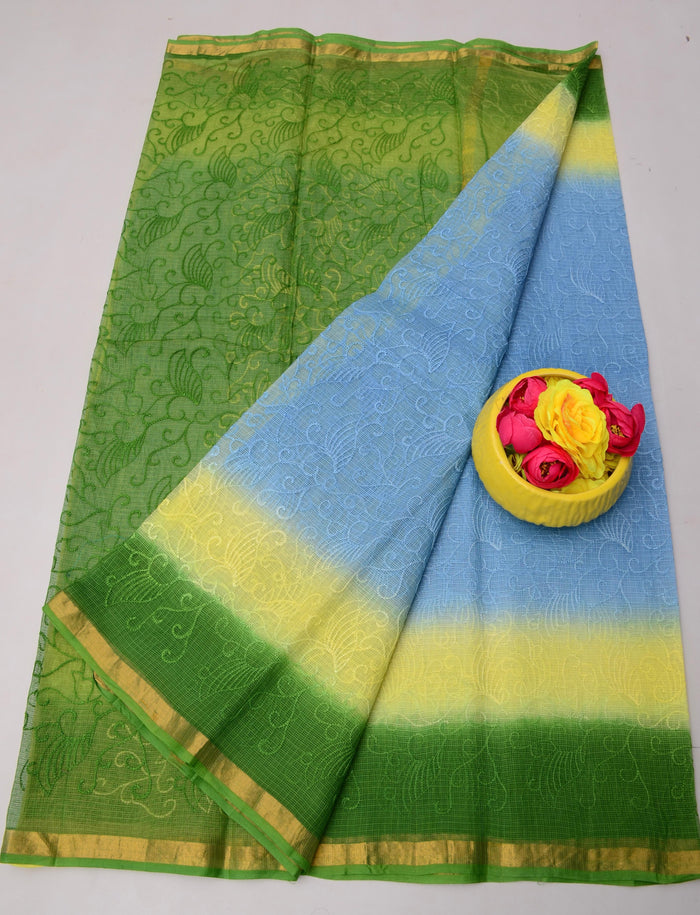 All Over Embroidery Kota Doria Pure Cotton Saree - Green & Blue Color