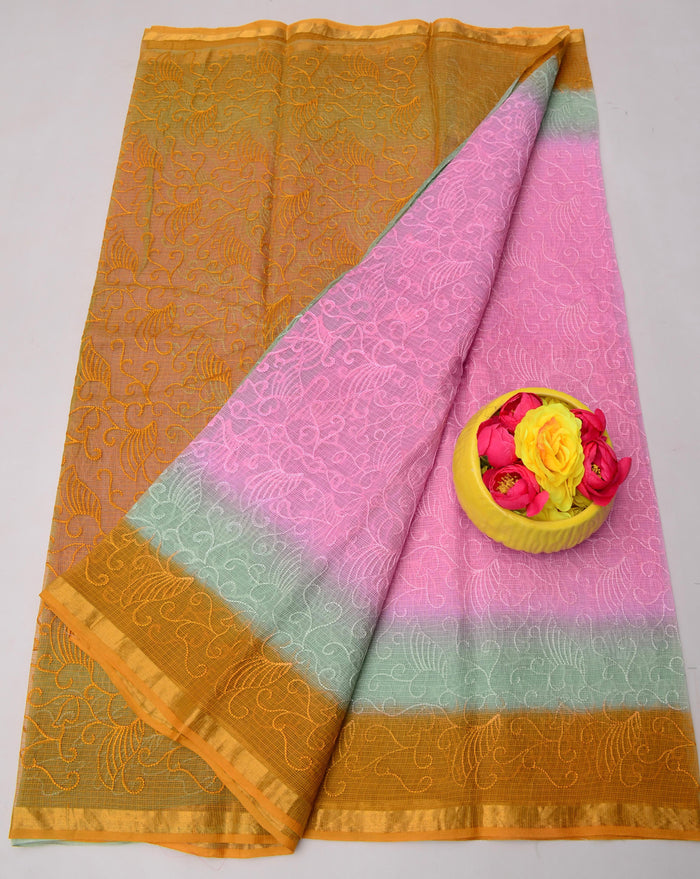 All Over Embroidery Kota Doria Pure Cotton Saree - Brown & Pink Color