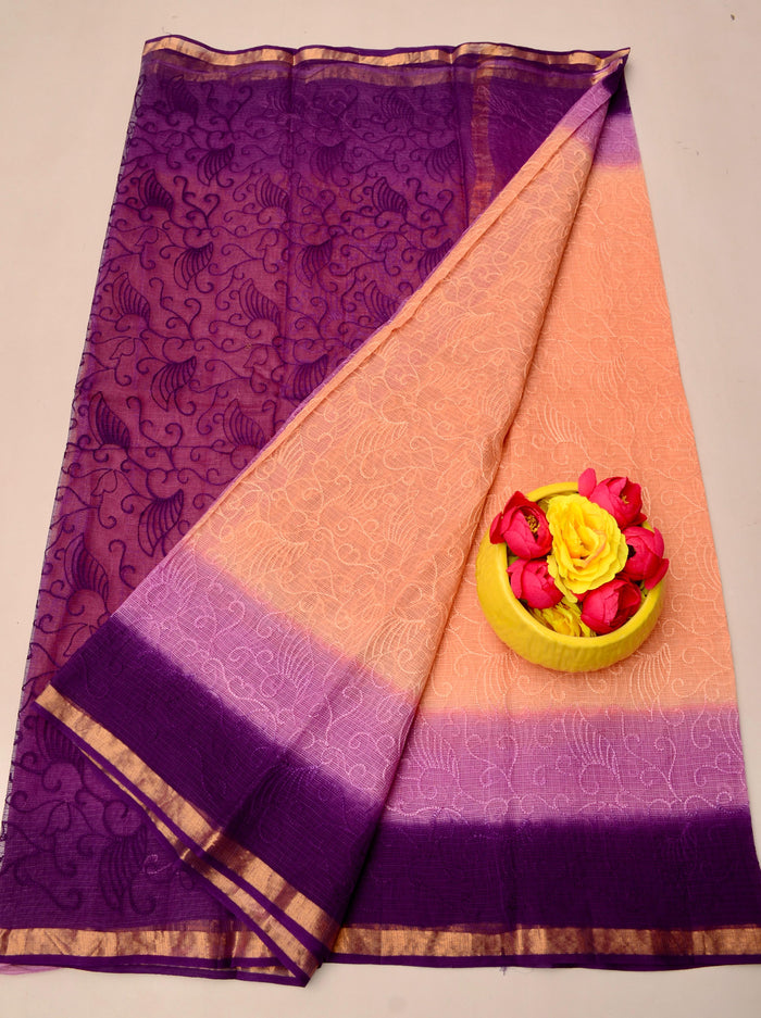 All Over Embroidery Kota Doria Pure Cotton Saree - Purple & Peach Color