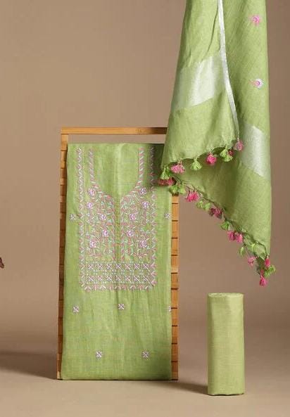 Cotton Linen Dress Material - Green Color