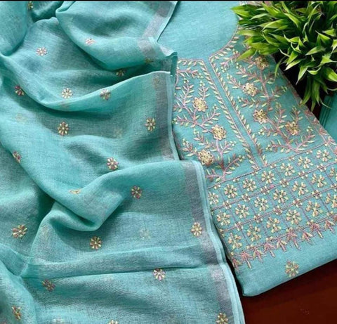 Cotton Linen Dress Material - Sea Blue Color