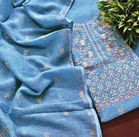 Cotton Linen Dress Material - Blue Color