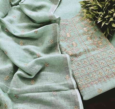 Cotton Linen Dress Material - Bluish Grey Color