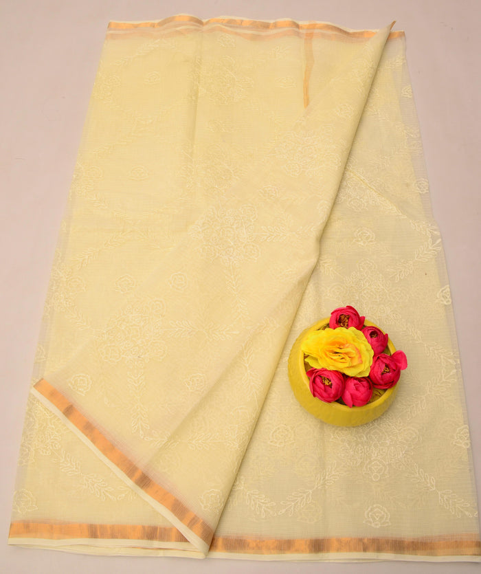 Pure Cotton Kota Doria Saree with All Over Embroidery - Cream Color