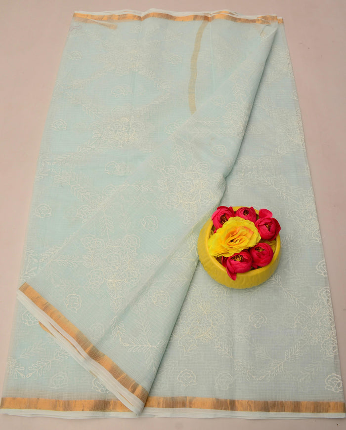 Pure Cotton Kota Doria Saree with All Over Embroidery - Sea Blue Color