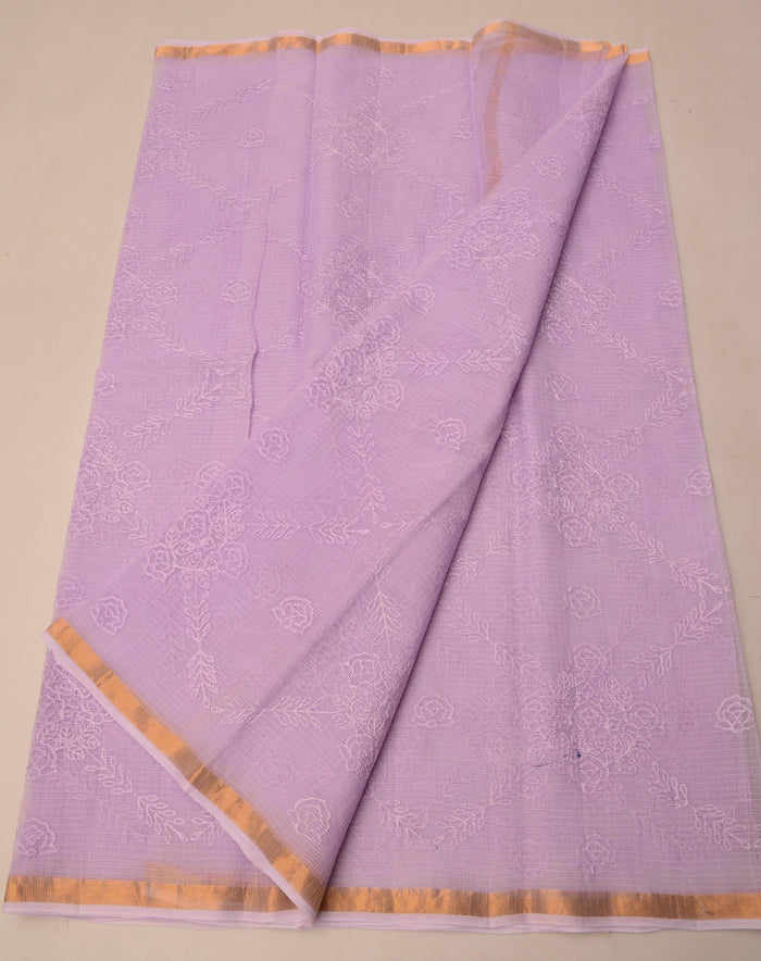 Pure Cotton Kota Doria Saree with All Over Embroidery - Purple Color