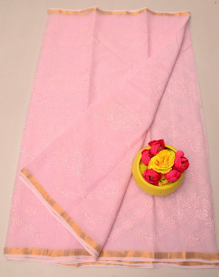 Pure Cotton Kota Doria Saree with All Over Embroidery - Pink Color