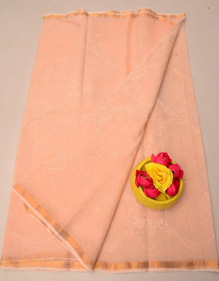 Pure Cotton Kota Doria Saree with All Over Embroidery - Peach Color