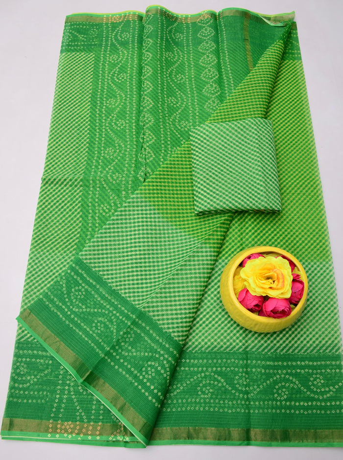 Pure Cotton Kota Doria Bandhej Leheriya Saree - Green Color