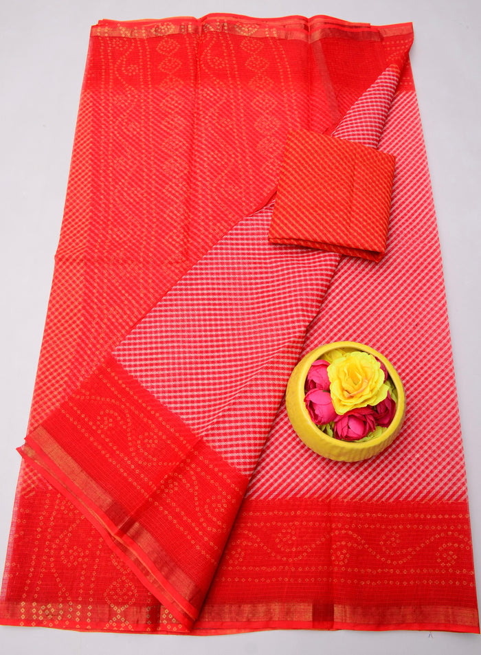 Pure Cotton Kota Doria Bandhej Leheriya Saree - Red Color