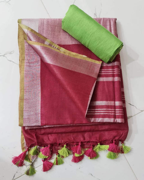 Linen Cotton Plain Saree - Red & Green Color