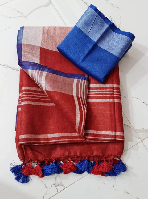 Linen Cotton Plain Saree - Blue & Red Color