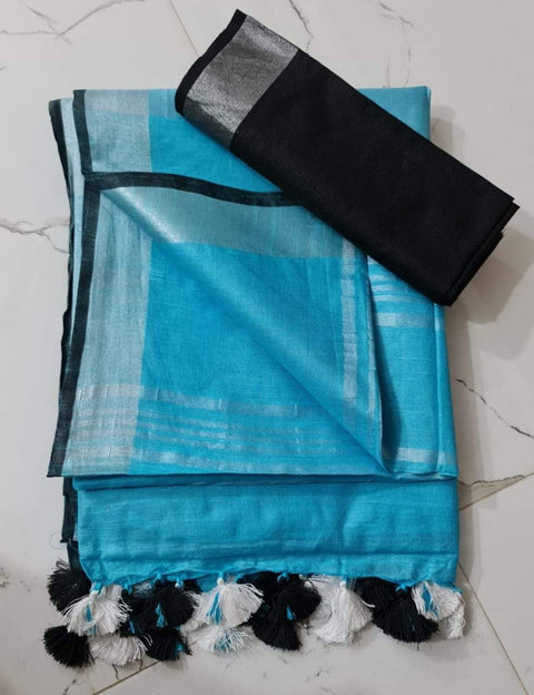 Linen Cotton Plain Saree - Blue & Black Color
