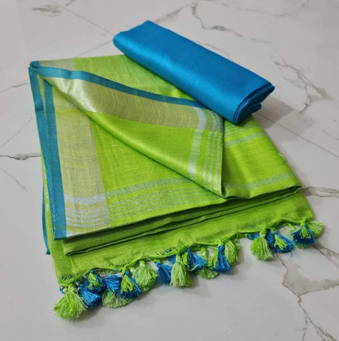 Linen Cotton Plain Saree - Blue & Green Color