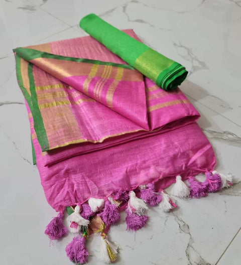 Linen Cotton Plain Saree - Pink & Green Color