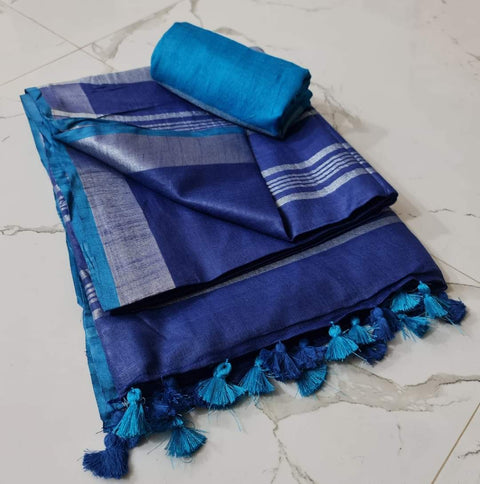 Linen Cotton Plain Saree - Blue & Navy Blue Color