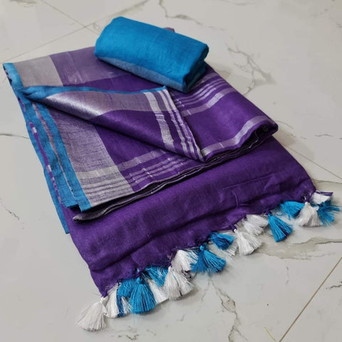 Linen Cotton Plain Saree - Blue & Purple Color