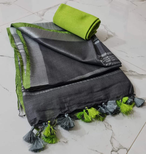 Linen Cotton Plain Saree - Brown & Green Color